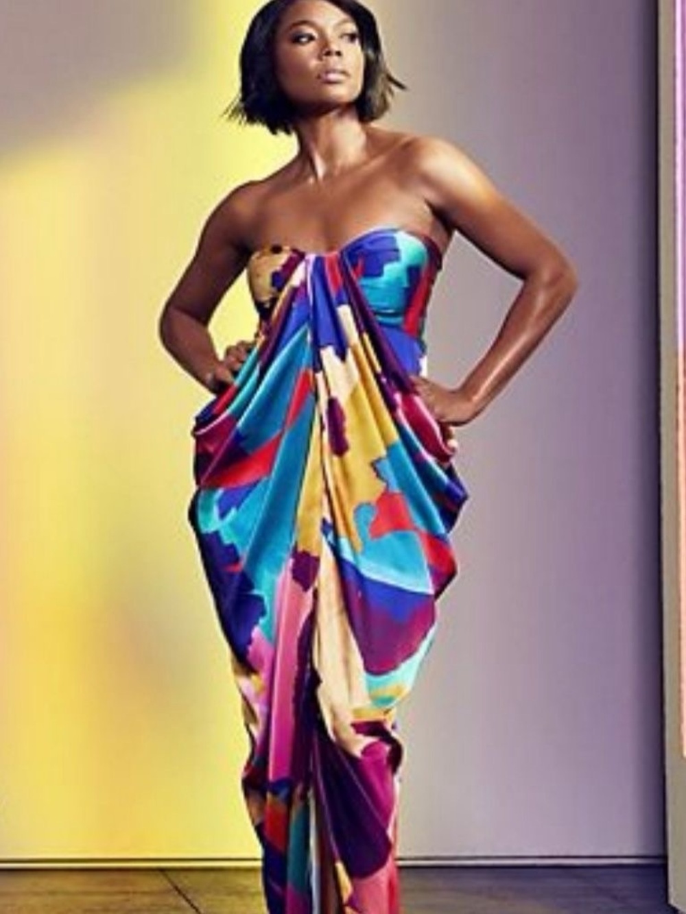 New York & Company x Gabrielle Union Strapless Multicolor Abstract Print Dress